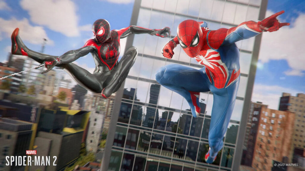 Питер Паркер и Майлз Моралес летят над городом Marvel's Spider-Man 2