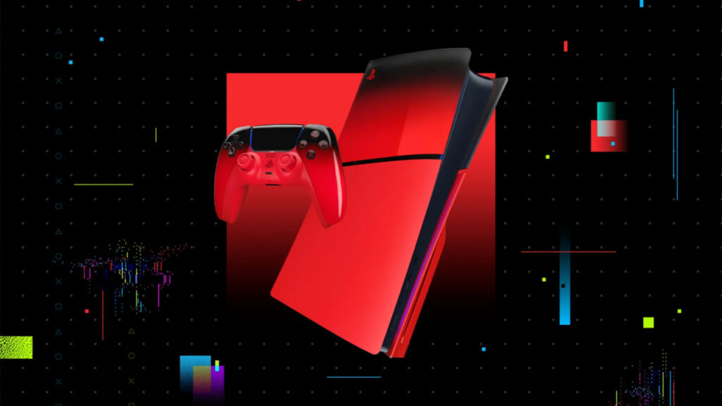 Консоль PlayStation 5 и геймпад на черном фоне