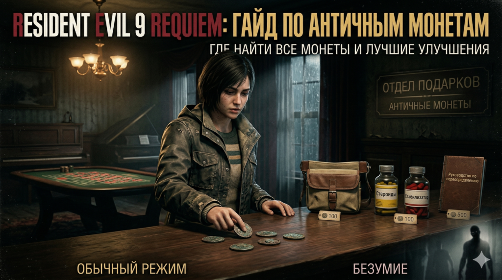 Девушка раскладывает монеты на столе в Resident Evil 9 Requiem